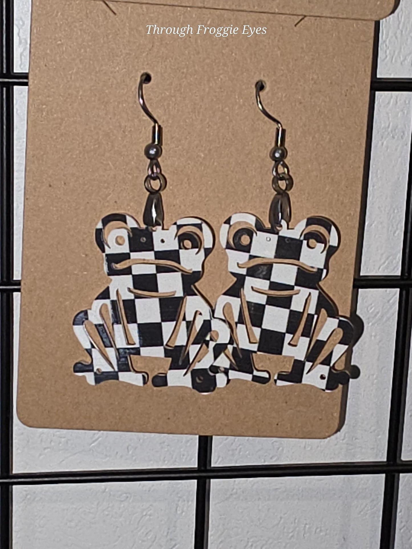 Checkered Froggie Earrings, lightweight acrylic, stainless steel hardware
