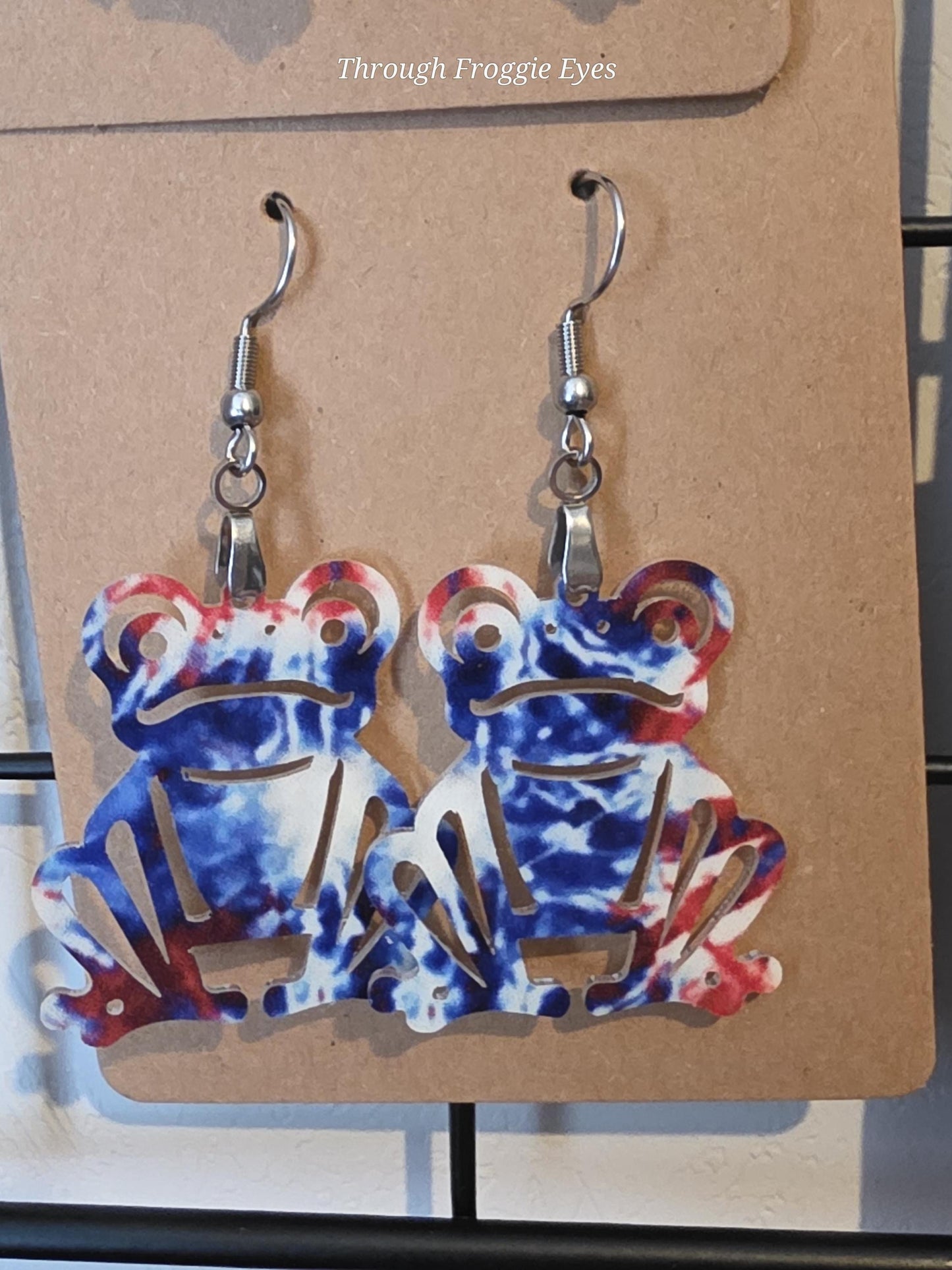 Red White & Blue Tie-Dyed Froggie Earrings, lightweight acrylic, stainless steel hardware