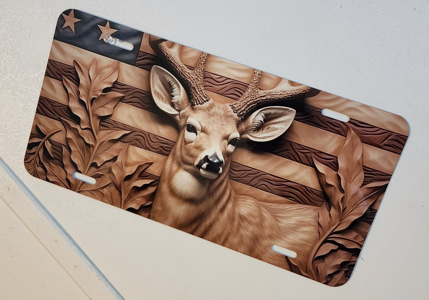 Aluminum Novelty License plate Wood Carved Buck