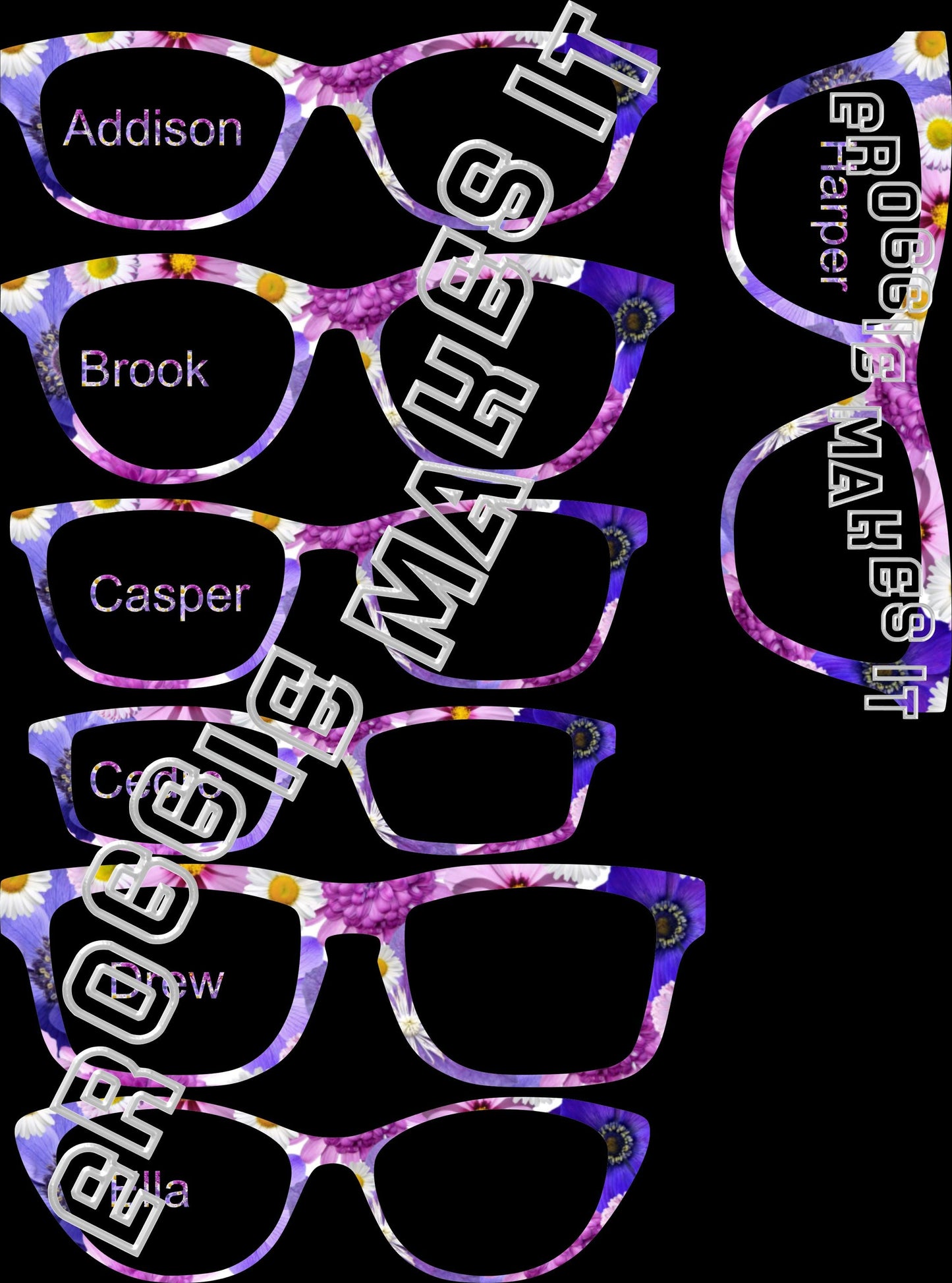 Opaque Shades of Purple Flowers frame topper compatible with Pair frames with translucent option