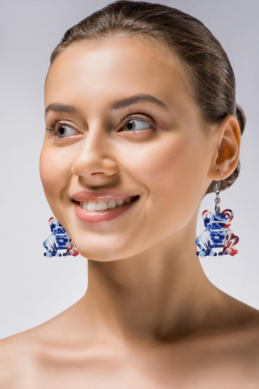 Red White & Blue Tie-Dyed Froggie Earrings, lightweight acrylic, stainless steel hardware