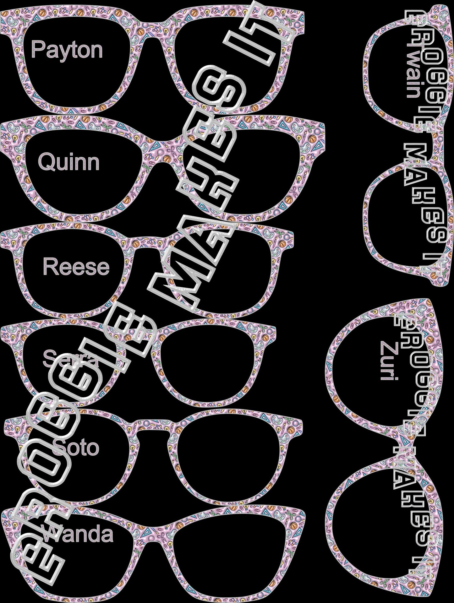Opaque Faux Puffy School Supplies topper compatible with Pair Eyewear frames with translucent option