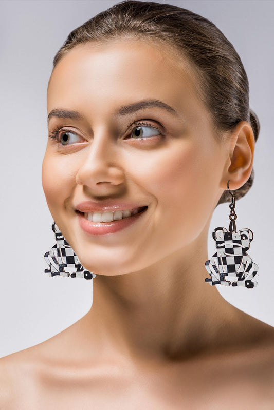 Checkered Froggie Earrings, lightweight acrylic, stainless steel hardware