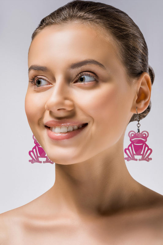 Pink Froggie Earrings, lightweight acrylic, stainless steel hardware