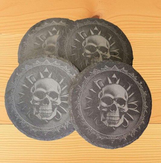 4 pk Laser Engraved Slate Coasters - 3D Skull