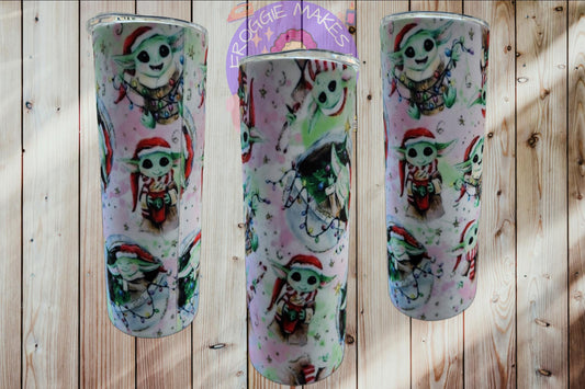 20oz Sealed Fabric Wrapped Tumbler- Unique Texture Green Alien Holiday lights design