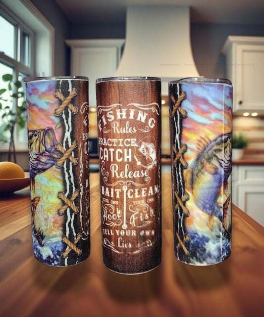 20oz Sealed Fabric Wrapped Tumbler- Unique Texture Fishing Rules design