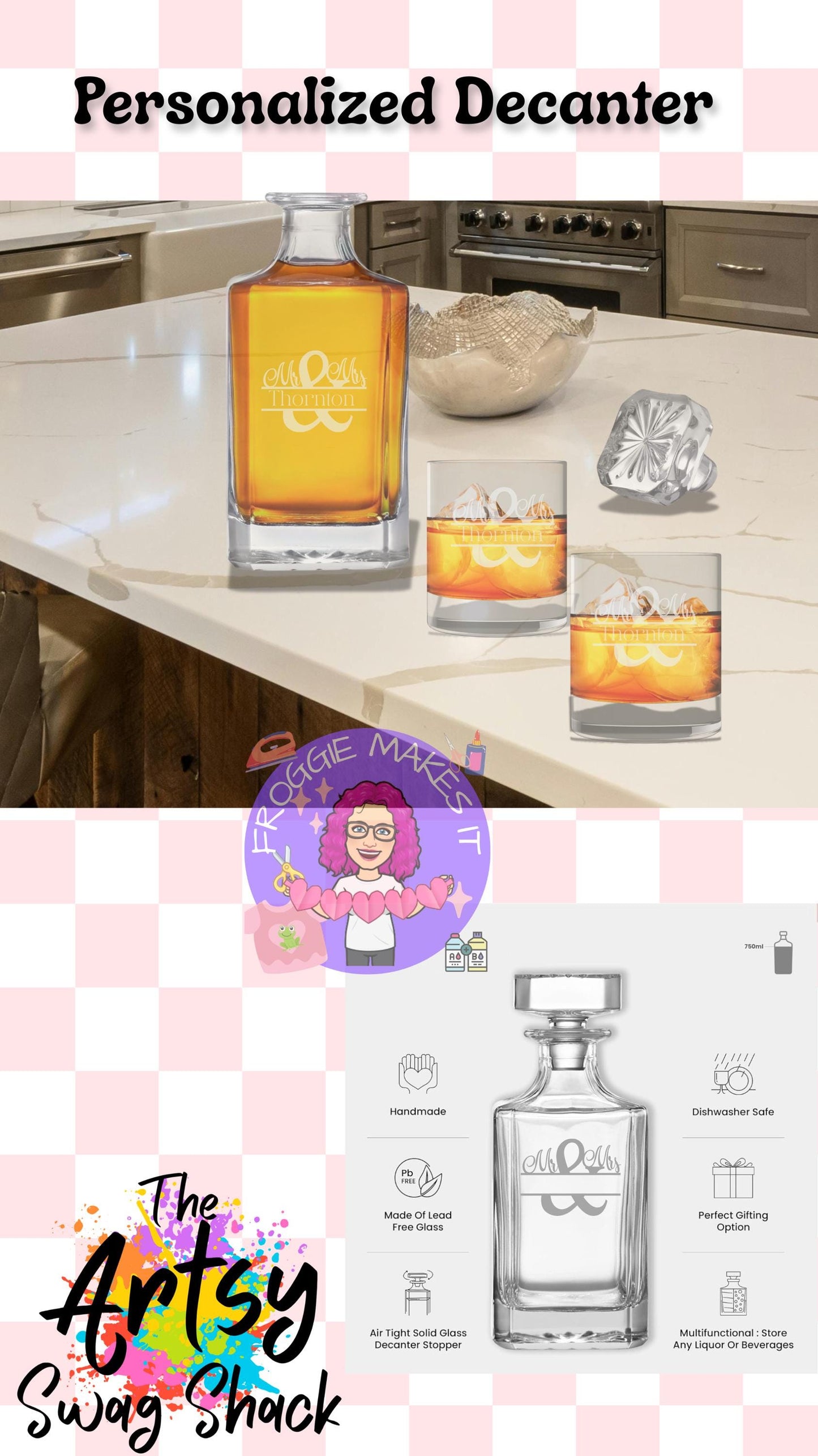 Custom Engraved Decanter, handmade, set, glass, personalized