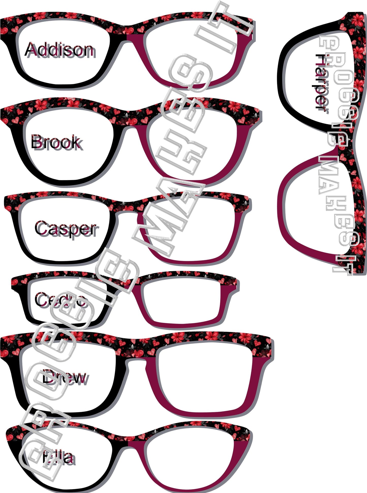 Passion Petals 2 Color Split frame topper for Pair frames, Plum, black